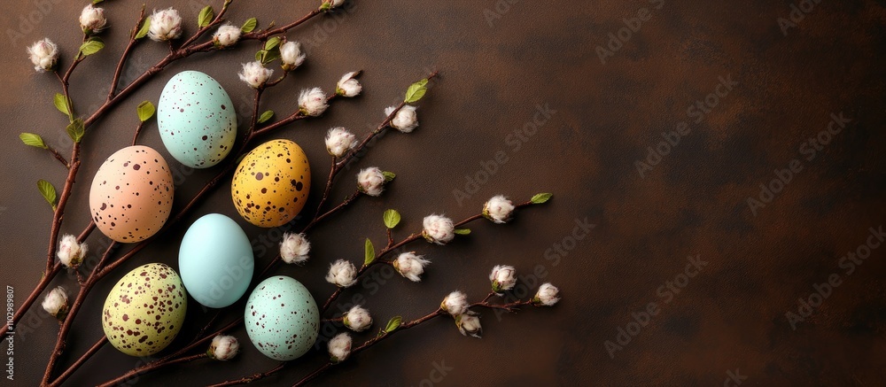 Easter decor featuring vibrant speckled eggs and tree branches with fluffy buds on a rustic brown background Easter decor featuring vibrant speckled eggs and tree branches with fluffy buds on a rustic brown background