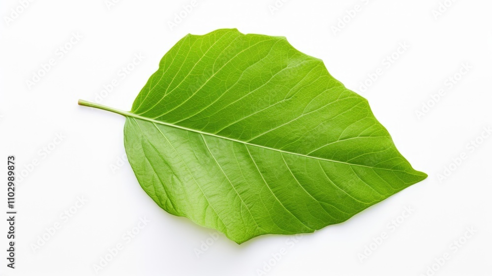 Obraz premium Closeup of a vibrant green leaf showcasing intricate veins isolated on a clean white background for nature and design concepts