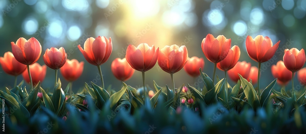 Vibrant tulip field at sunrise showcasing colorful blooms in a serene meadow perfect for spring themes and text placement. Vibrant tulip field at sunrise showcasing colorful blooms in a serene meadow perfect for spring themes and text placement.