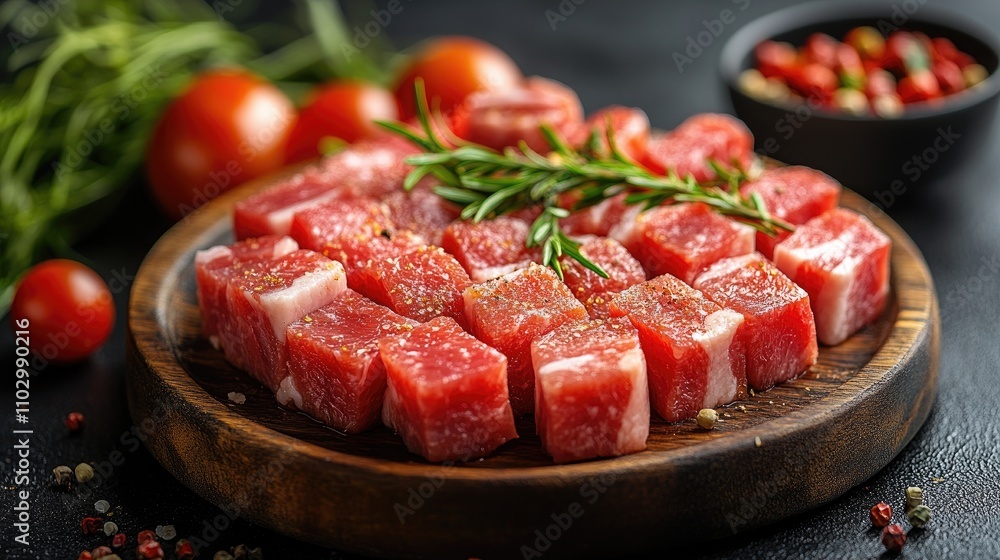 Freshly sliced pork cubes garnished with herbs and surrounded by colorful ingredients on a rustic wooden board ready for culinary use. Freshly sliced pork cubes garnished with herbs and surrounded by colorful ingredients on a rustic wooden board ready for culinary use.