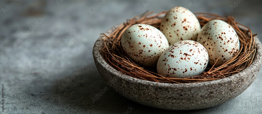 Decorative speckled Easter eggs nestled in a rustic bowl with pine needle nest on a textured surface ideal for seasonal greetings or promotions Decorative speckled Easter eggs nestled in a rustic bowl with pine needle nest on a textured surface ideal for seasonal greetings or promotions
