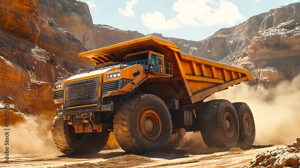 Side view of a giant dump truck unloading minerals on a mining site, rocky cliffs in the background, dust particles illuminated by the afternoon sun, strong shadows, Side view of a giant dump truck unloading minerals on a mining site, rocky cliffs in the background, dust particles illuminated by the afternoon sun, strong shadows,