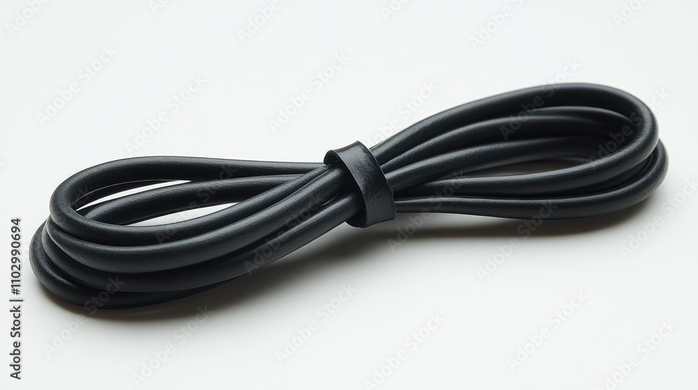 Black cable tie relaxed on a clean white background showcasing its flexible design for organization and management of cables or wires. Black cable tie relaxed on a clean white background showcasing its flexible design for organization and management of cables or wires.