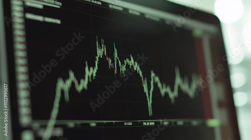 Stock Market Fluctuations: A close-up shot of a computer screen displaying a dynamic stock market graph, with green lines representing fluctuating prices.