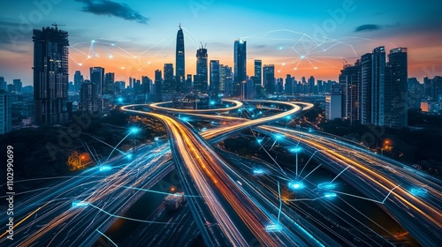 Smart City Connected Urban Infrastructure and Transportation Network at Sunset