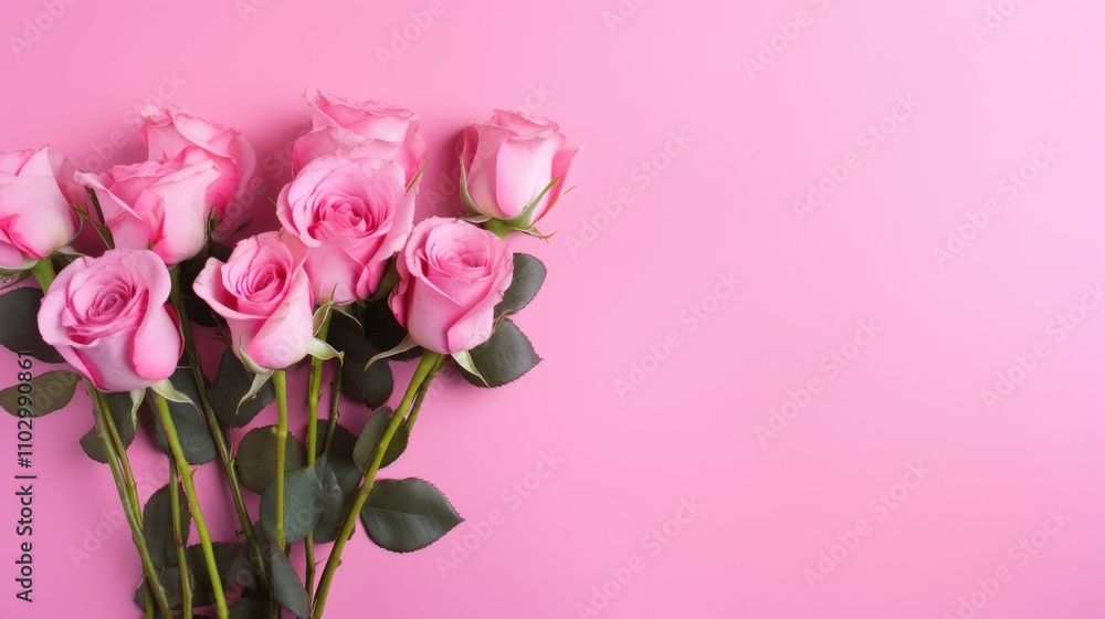 Fresh pink roses arranged elegantly against a soft pink backdrop perfect for greeting cards and romantic occasions Fresh pink roses arranged elegantly against a soft pink backdrop perfect for greeting cards and romantic occasions