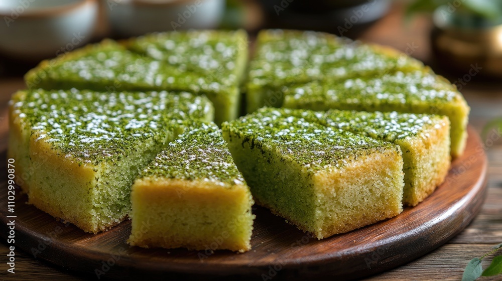 Close up shot of a sliced green tea cake on a wooden plate showcasing its vibrant color and texture with a rustic background. Close up shot of a sliced green tea cake on a wooden plate showcasing its vibrant color and texture with a rustic background.