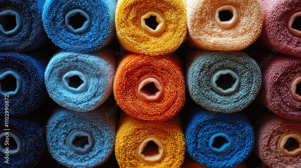 Colorful towel rolls neatly arranged in a vibrant display on a clean white background showcasing texture and color diversity Colorful towel rolls neatly arranged in a vibrant display on a clean white background showcasing texture and color diversity