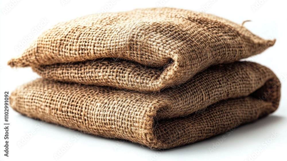 Burlap sacks stacked on a white background showcasing texture and natural fibers ideal for agricultural or rustic themes. Burlap sacks stacked on a white background showcasing texture and natural fibers ideal for agricultural or rustic themes.