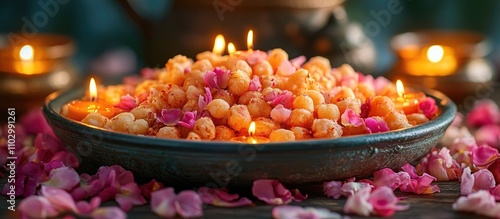 Festive Snack Platter with Candles and Petals Celebrating the Festival of Lights in an Inviting Holiday Atmosphere photo