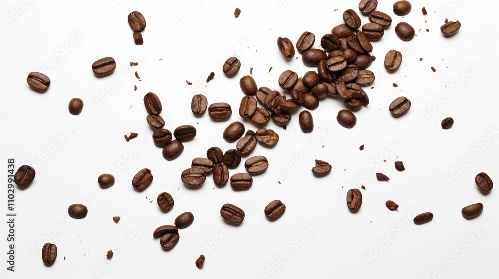 Falling roasted coffee beans on a clean white background showcasing texture and contrast for food and beverage themed projects Falling roasted coffee beans on a clean white background showcasing texture and contrast for food and beverage themed projects