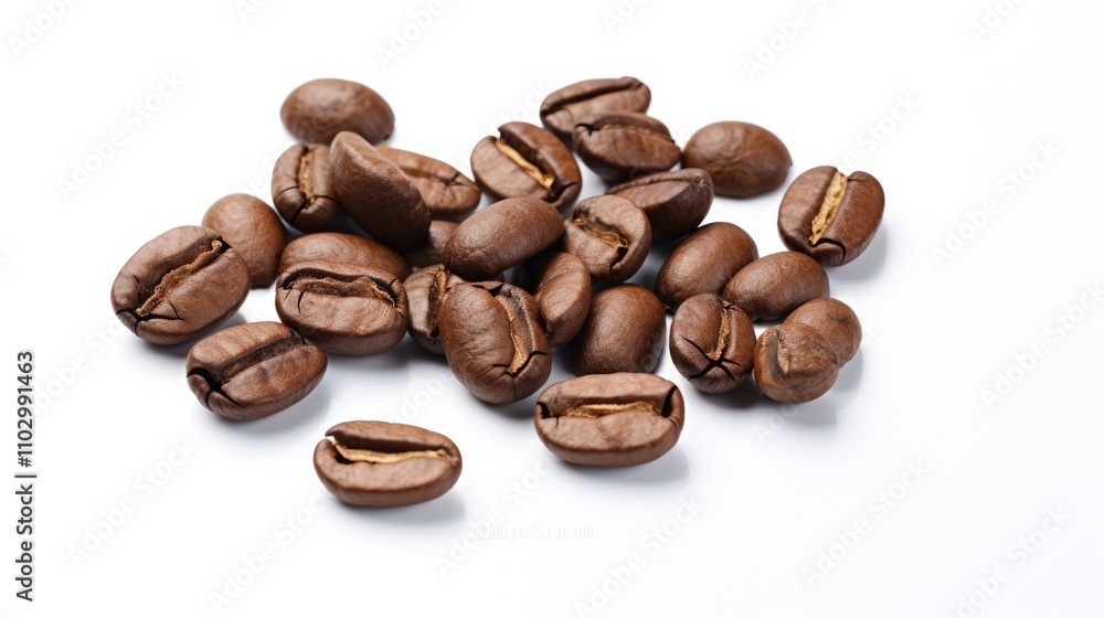 Coffee beans arranged on a clean white background showcasing their rich color and texture ideal for coffee-related advertisements and designs Coffee beans arranged on a clean white background showcasing their rich color and texture ideal for coffee-related advertisements and designs