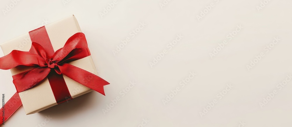 Elegant gift box adorned with a vibrant red ribbon bow isolated on a soft cream background for festive celebrations and special occasions. Elegant gift box adorned with a vibrant red ribbon bow isolated on a soft cream background for festive celebrations and special occasions.