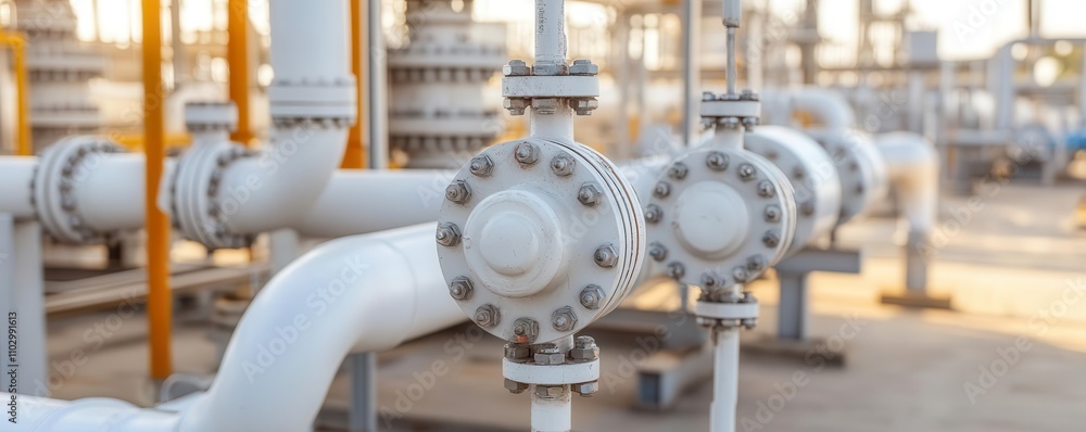 Oil refinery concept. A closeup of industrial pipelines and valves transporting crude oil and refined products within a refinery Oil refinery concept. A closeup of industrial pipelines and valves transporting crude oil and refined products within a refinery