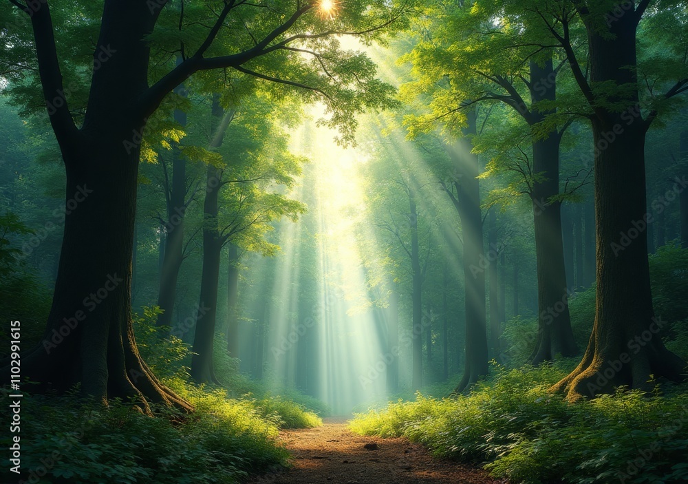 Obraz premium Sunlight streaming through trees in a tranquil forest setting during midday