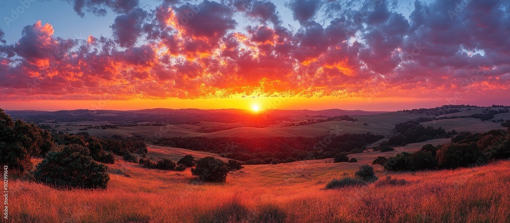 Breathtaking sunset landscape over rolling hills with vibrant clouds and warm hues illuminating the picturesque countryside. Breathtaking sunset landscape over rolling hills with vibrant clouds and warm hues illuminating the picturesque countryside.