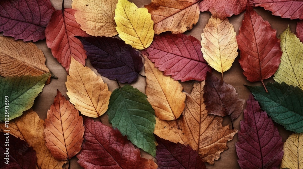 Colorful dried leaves arranged in various patterns showcasing rich hues ideal for creative backgrounds and autumn-themed design projects