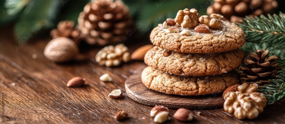Festive cookies adorned with nuts on a rustic wooden table surrounded by pinecones and greenery for a cozy holiday atmosphere Festive cookies adorned with nuts on a rustic wooden table surrounded by pinecones and greenery for a cozy holiday atmosphere