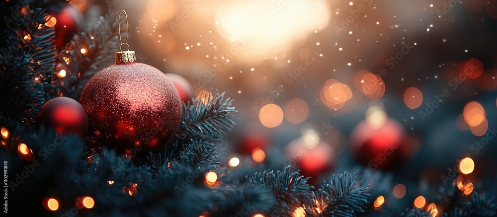 Festive Christmas backdrop with sparkling ornaments and bokeh lights creating a warm holiday atmosphere in a snowy setting Festive Christmas backdrop with sparkling ornaments and bokeh lights creating a warm holiday atmosphere in a snowy setting