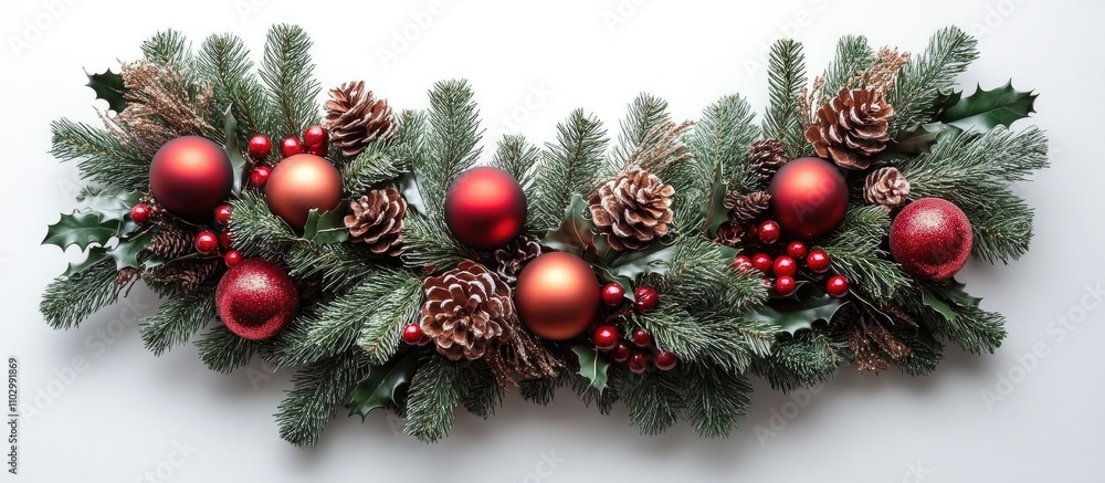 Elegant Christmas wreath of mistletoe fir branches ornaments and pinecones on a bright white background for festive decor and celebrations. Elegant Christmas wreath of mistletoe fir branches ornaments and pinecones on a bright white background for festive decor and celebrations.
