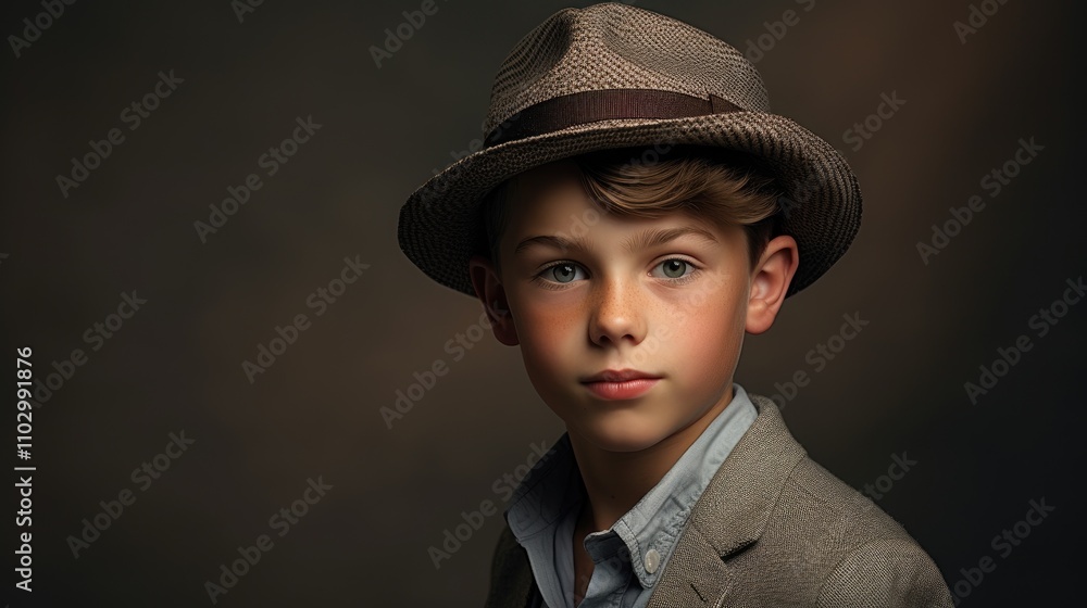 Stylish preteen boy in fedora hat dressed in vintage attire with a soft focus retro background showcasing classic charm and timeless elegance. Stylish preteen boy in fedora hat dressed in vintage attire with a soft focus retro background showcasing classic charm and timeless elegance.