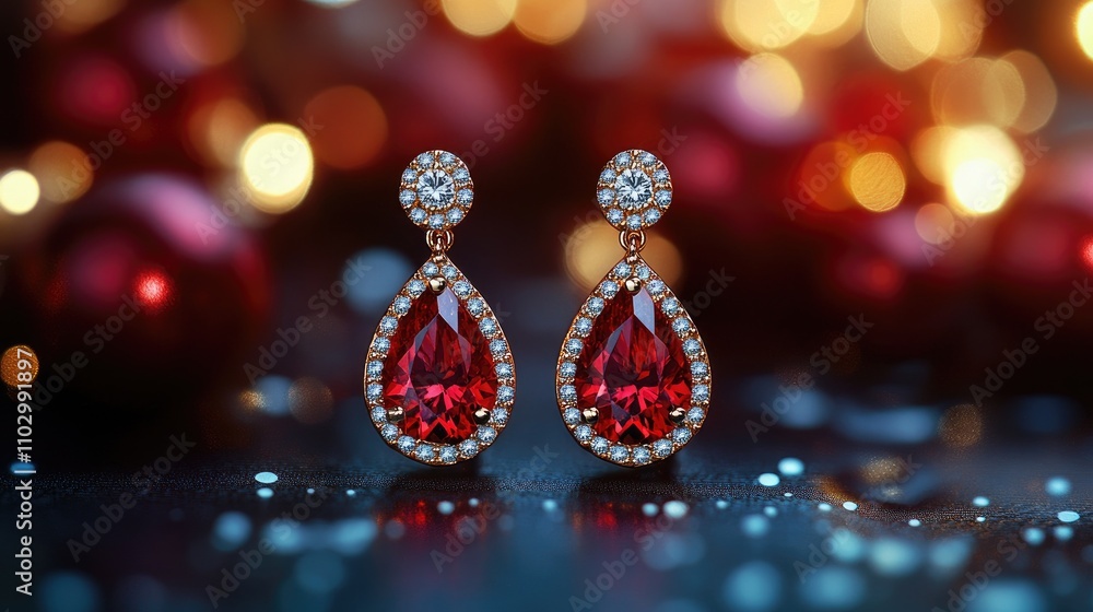 Fototapeta premium Red gemstone earrings with sparkling details showcased on a bright backdrop highlighting craftsmanship and elegance for commercial presentation