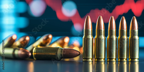 Bullets lined up in front of stock market graph symbolize financial volatility and risk. juxtaposition of ammunition and market trends highlights tension in economic conditions photo