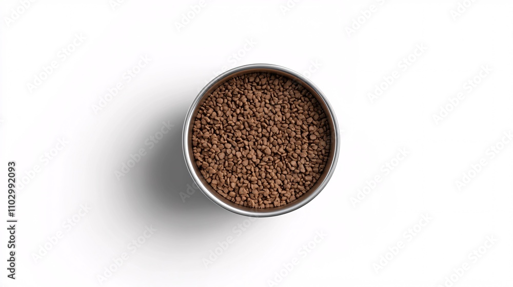 100.A clean and modern 3D rendering of a metal pet bowl containing dry dog or cat food, viewed from above on a plain white background. The detailed textures of the kibble and the bowl's reflective 100.A clean and modern 3D rendering of a metal pet bowl containing dry dog or cat food, viewed from above on a plain white background. The detailed textures of the kibble and the bowl's reflective