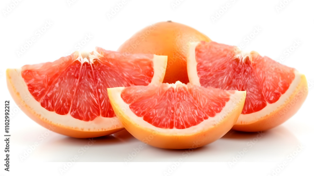 Close-up of juicy grapefruit slices and a whole grapefruit, isolated on a white background. Vibrant red segments showcase the fruit's freshness. Close-up of juicy grapefruit slices and a whole grapefruit, isolated on a white background. Vibrant red segments showcase the fruit's freshness.