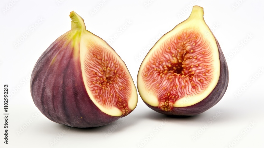 Fresh ripe figs sliced in half showcasing vibrant interior textures isolated on a clean white background for food and nutrition themes Fresh ripe figs sliced in half showcasing vibrant interior textures isolated on a clean white background for food and nutrition themes