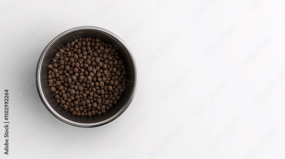 100.A clean and modern 3D rendering of a metal pet bowl containing dry dog or cat food, viewed from above on a plain white background. The detailed textures of the kibble and the bowl's reflective 100.A clean and modern 3D rendering of a metal pet bowl containing dry dog or cat food, viewed from above on a plain white background. The detailed textures of the kibble and the bowl's reflective