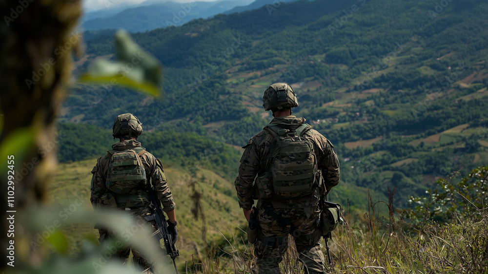 Two soldiers in camouflage gear stand on hill overlooking vast mountainous landscape, engaged in counter terrorism operation. scene is serene yet tense Two soldiers in camouflage gear stand on hill overlooking vast mountainous landscape, engaged in counter terrorism operation. scene is serene yet tense