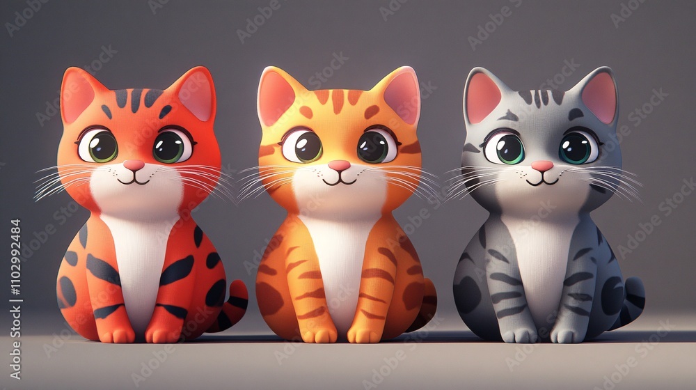 2.A collection of 3D cartoon cats in different vibrant colors, including a ginger tabby with stripes, a red cat with bold patterns, and a spotted grey cat. Each kitten is sitting in an adorable pose 2.A collection of 3D cartoon cats in different vibrant colors, including a ginger tabby with stripes, a red cat with bold patterns, and a spotted grey cat. Each kitten is sitting in an adorable pose