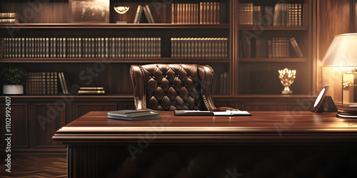 Luxurious Wooden Office with Classic Leather Chair photo