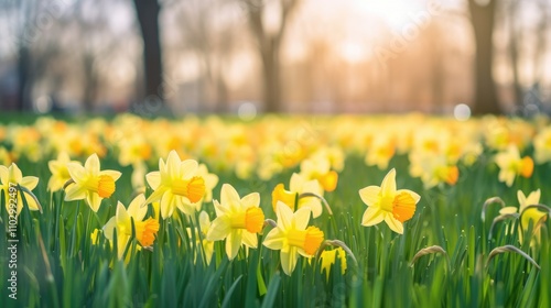 Vibrant yellow daffodils blooming in a sunlit garden meadow with shallow depth of field showcasing nature's beauty and springtime freshness