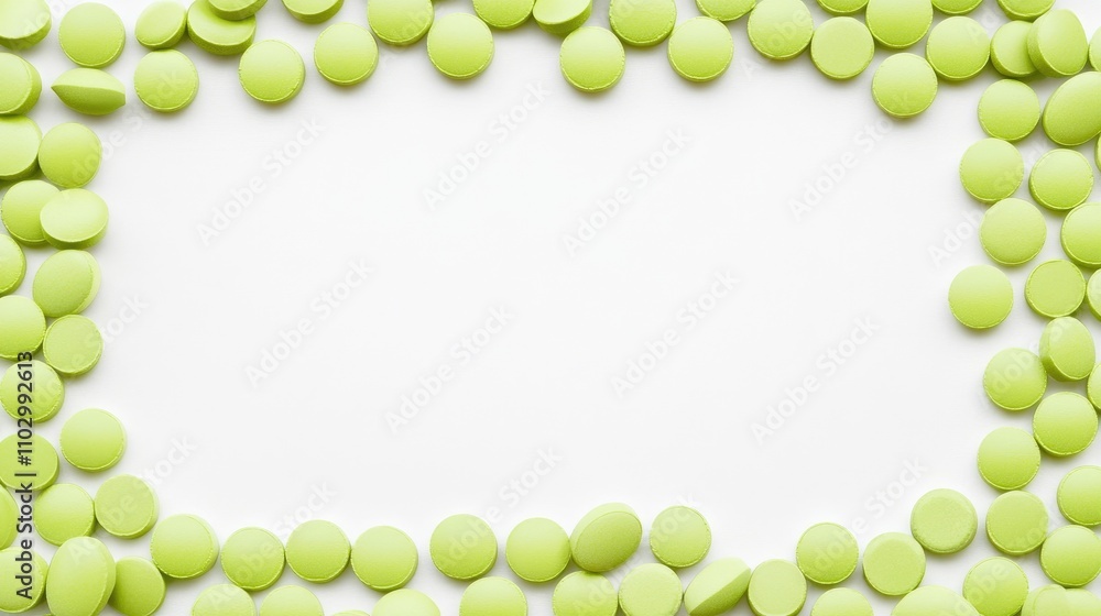 Bright green circular pills forming a frame on a clean white background ideal for health and wellness concepts