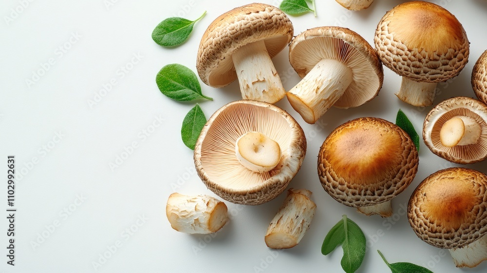Fresh brown mushrooms with green leaves on a clean white background showcasing vibrant colors and textures for culinary use. Fresh brown mushrooms with green leaves on a clean white background showcasing vibrant colors and textures for culinary use.
