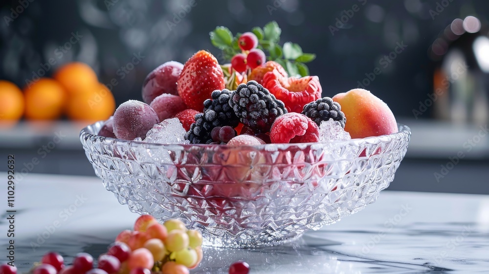 A bowl of frozen fruit salad. Mix of citrus, berries, and grapes. Healthy treats, summer recipes concept. A bowl of frozen fruit salad. Mix of citrus, berries, and grapes. Healthy treats, summer recipes concept.