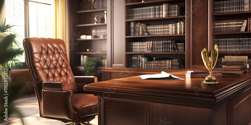 Luxurious Wooden Office with Classic Leather Chair photo