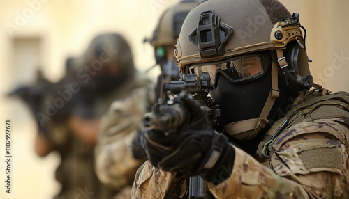 Elite unit soldiers in tactical gear aim weapons during urban assault operation, showcasing precision and focus photo