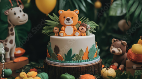 Fototapeta Naklejka Na Ścianę i Meble -  A cake with a bear on top and other animals around it