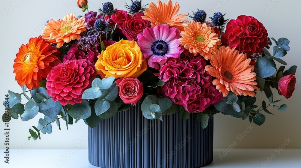 Fototapeta premium Vibrant floral arrangement in a hat box showcasing diverse flowers with ample copy space on a light background ideal for advertising use