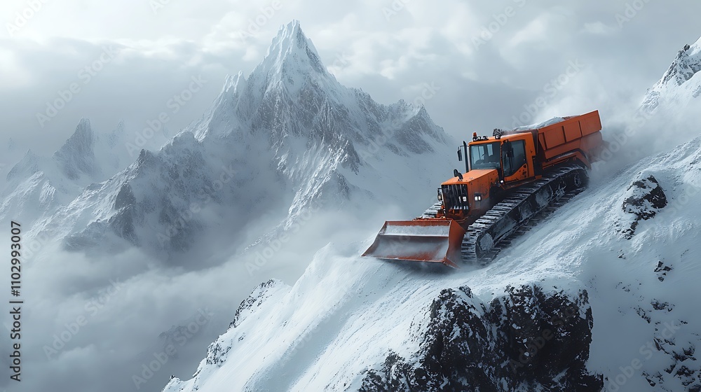 Snowplow working on a narrow mountain pass, pushing snow off the edge of the cliff, snow-covered peaks in the background, fog rolling through the valley, detailed and realistic snow textures,