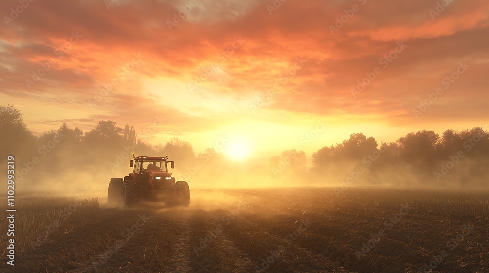 Fototapeta premium Tractor plowing fields at dawn, mist rising from the soil, golden sunlight breaking through the early morning fog, deep furrows visible in the foreground, ultra-realistic textures,