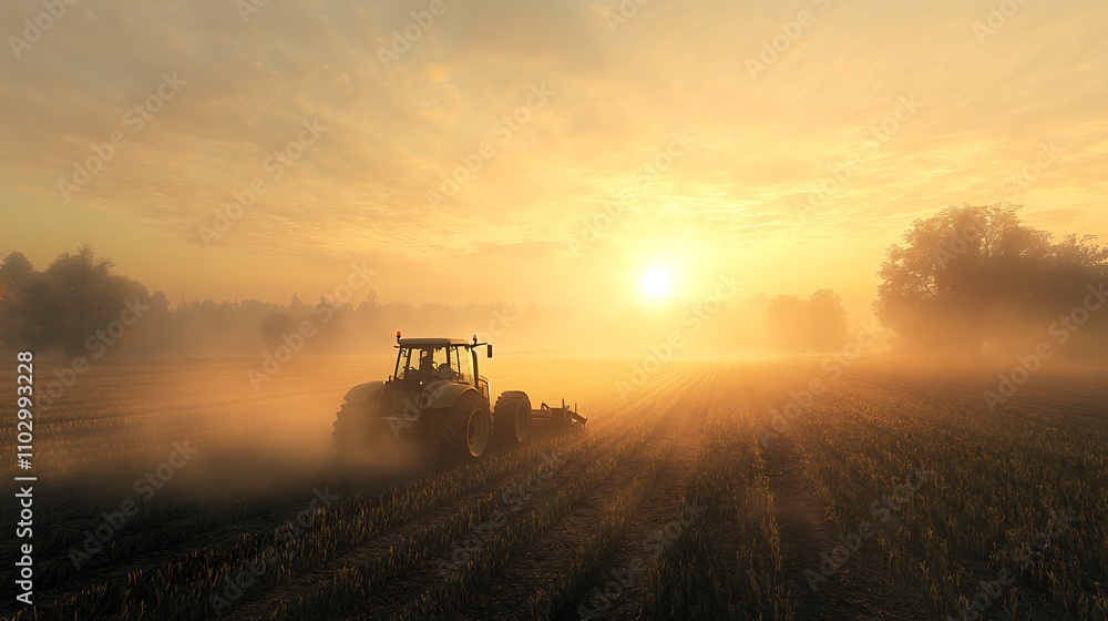 Tractor plowing fields at dawn, mist rising from the soil, golden sunlight breaking through the early morning fog, deep furrows visible in the foreground, ultra-realistic textures, Tractor plowing fields at dawn, mist rising from the soil, golden sunlight breaking through the early morning fog, deep furrows visible in the foreground, ultra-realistic textures,