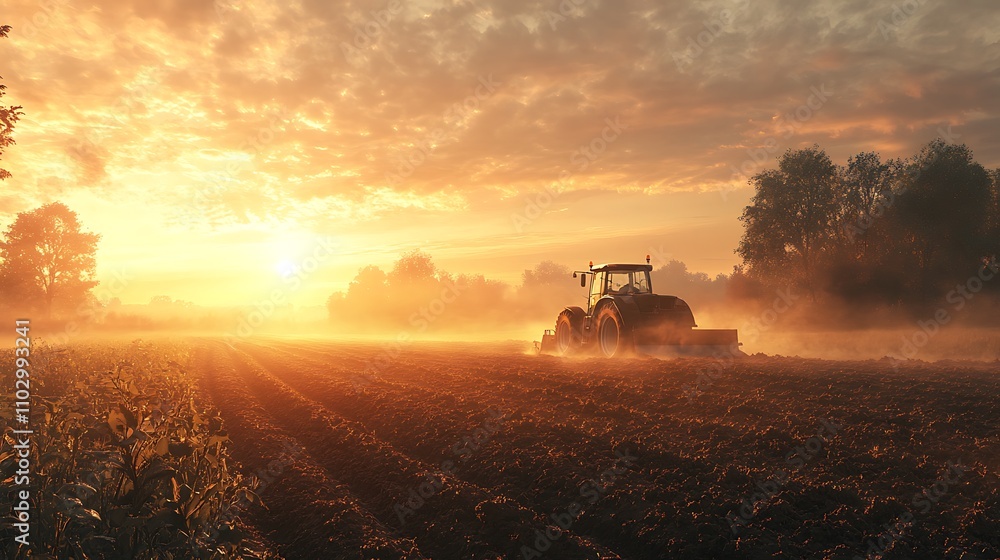 Fototapeta premium Tractor plowing fields at dawn, mist rising from the soil, golden sunlight breaking through the early morning fog, deep furrows visible in the foreground, ultra-realistic textures,