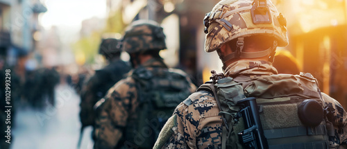 Fototapeta Naklejka Na Ścianę i Meble -  Military personnel in urban camouflage gear patrol city street, showcasing readiness and vigilance. scene captures intensity and focus of soldiers in urban environment