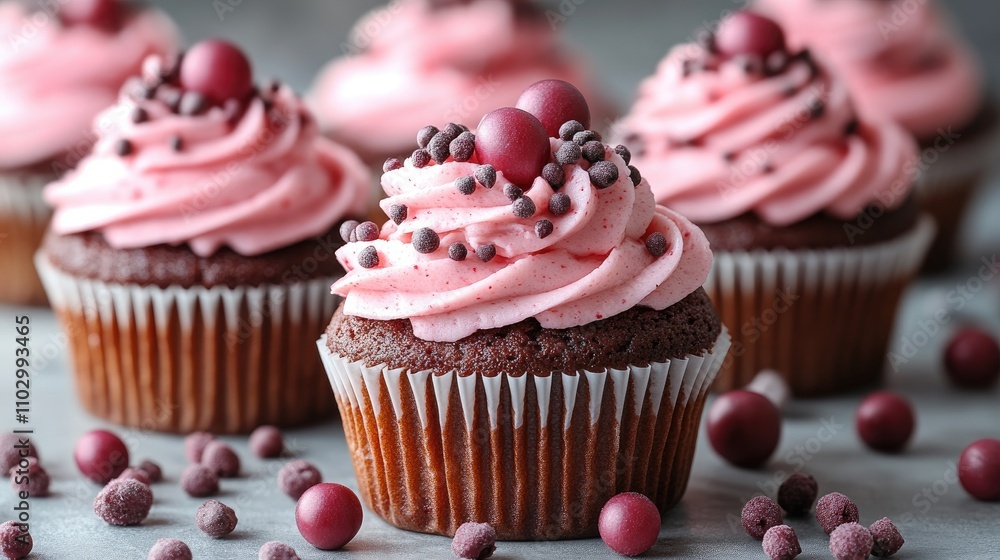 Delicious gourmet chocolate cupcakes with pink frosting and decorative sprinkles on a light background in a tempting display. Delicious gourmet chocolate cupcakes with pink frosting and decorative sprinkles on a light background in a tempting display.