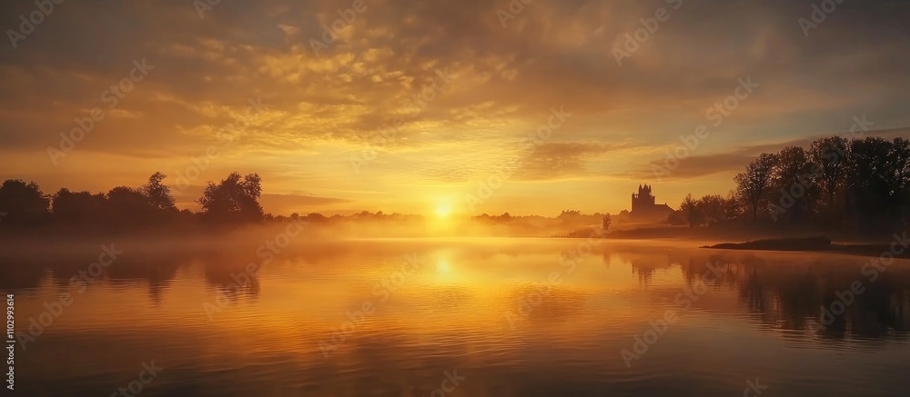 Obraz premium Serene sunrise over a tranquil river landscape with fog and silhouettes of trees reflecting vibrant colors in the sky