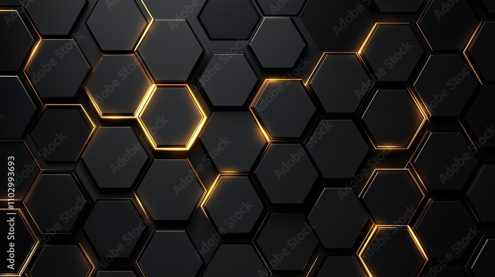 Luxury hexagonal abstract black metal background with golden light lines. Dark grid pattern. Pure black horizontal banner wallpaper. Luxury hexagonal abstract black metal background with golden light lines. Dark grid pattern. Pure black horizontal banner wallpaper.